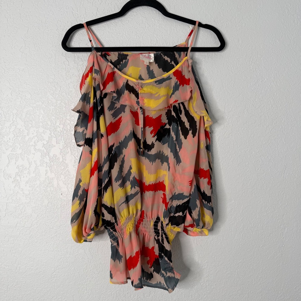 Parker Women Cold Shoulder Silk Blend Abstract Print Smocked Blouse Small